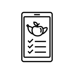 food nutrition list mobile app icon. smartphone with fruit symbol for diet plan application. simple monoline vector graphic.