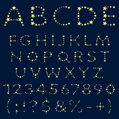 Alphabet, letters, numbers and signs of yellow stars. Isolated vector objects.