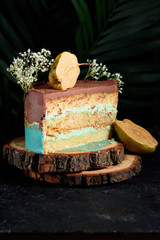 Chic cake with chocolate and pear cream. Delicious cake for the holiday decorated with pear.