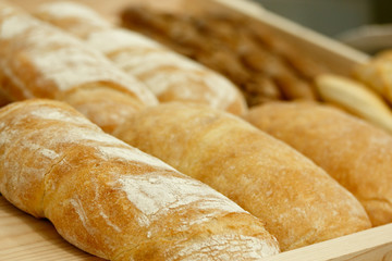 freshly baked bread loaves at a bakery shop