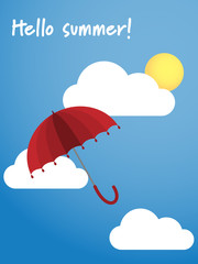 Hello summer! text and red umbrella.