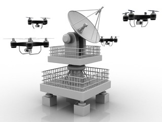 Satellite Dish and spaceship with drone, 3d rendering