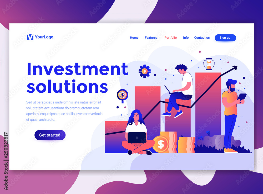 Poster landing page template of investment solutions. modern flat design concept of web page design for web