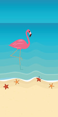 pink flamingo on the beach with starfish in turquoise water summer holiday concept vector illustration EPS10