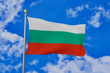 Fototapeta na wymiar Bulgaria national flag waving isolated in the blue cloudy sky