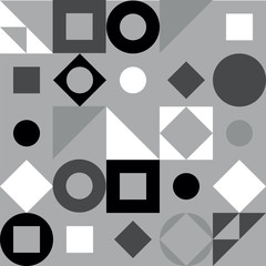Geometric pattern in black and white style. Abstract triangle, circle, square, rhombus seamless background. Black, white, gray geometric figures in abstract style.
