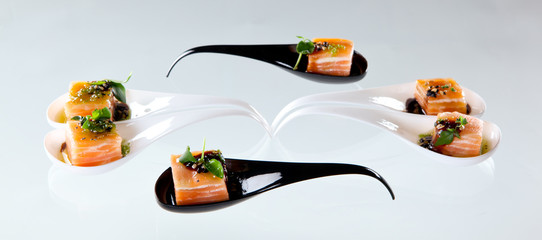 Salmon and soya catering appetizer