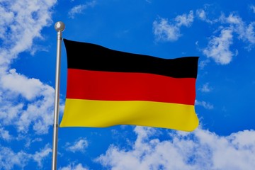 Germany national flag waving isolated in the blue cloudy sky