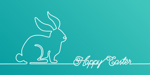 Happy Easter bunny banner background in simple one line style with greeting text and copy space in right side. Minimal rabbit concept vector illustration