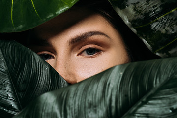partial view of attractive girl with freckles posing with green leaves