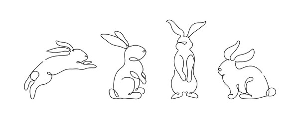 Osterhasen-Set im einfachen Ein-Linien-Stil. Kaninchen-Symbol. Schwarz-Weiß-Minimalkonzept-Vektorillustration