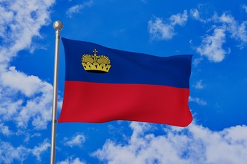 Liechtenstein national flag waving isolated in the blue cloudy sky