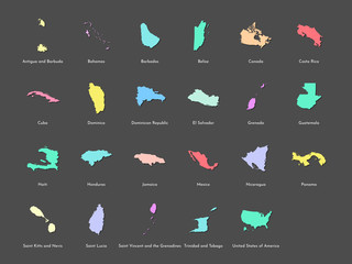 Vector illustration set with simplified maps of all North Amaerica states (countries: USA, Mexico, Bahamas, Canada, Costa Rica, Cuba and others). Colorful silhouettes, grey background. Alphabet order