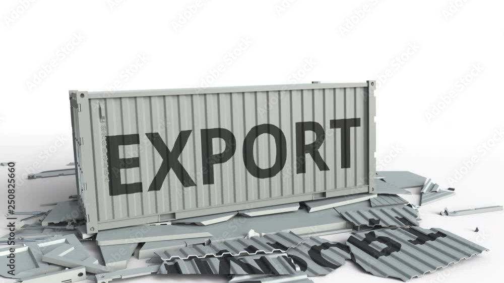 Poster container with import text being broken by cargo container with export inscription. conceptual 3d an