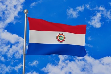 Paraguay national flag waving isolated in the blue cloudy sky