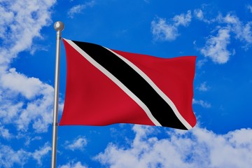 Trinidad and Tobago national flag waving isolated in the blue cloudy sky