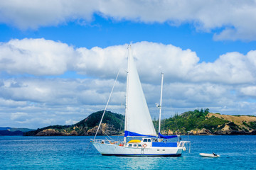 Fototapeta premium Fishing boat and landscape in the Bay of Islands