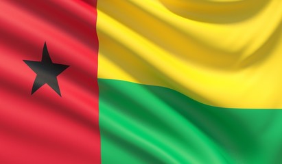 Flag of Guinea-Bissau. Waved highly detailed fabric texture. 3D illustration.