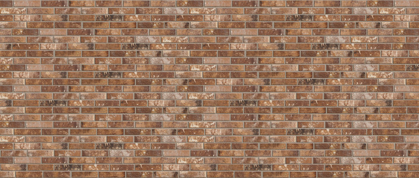 Long wide old dirty red brick wall texture background. Horizontal panoramic view.