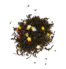 Aromatic black dry tea with star shaped candies and golden dust