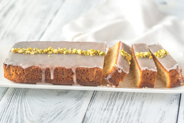 Lemon cake decorated with pistachios