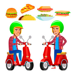Food Delivery Service Vector. Red Scooter. Man. Pizza. Isolated Flat Cartoon Illustration