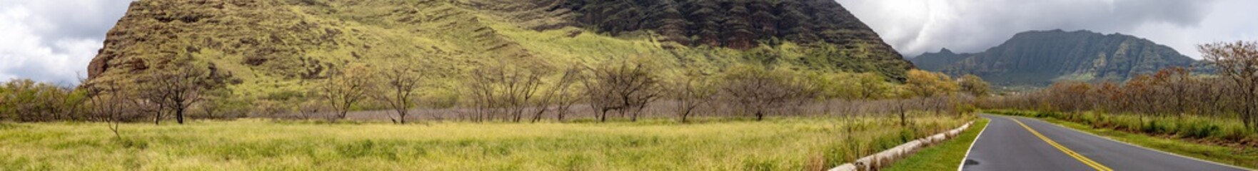 Panoramic view of mountains in Oahu Waianae Kai Forest Reserve