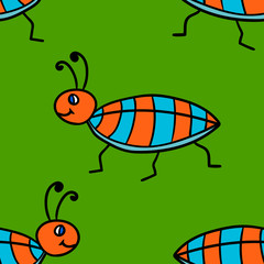 Seamless pattern with cute cartoon doodle linear bug, cockroach isolated on background. Vector illustration.  