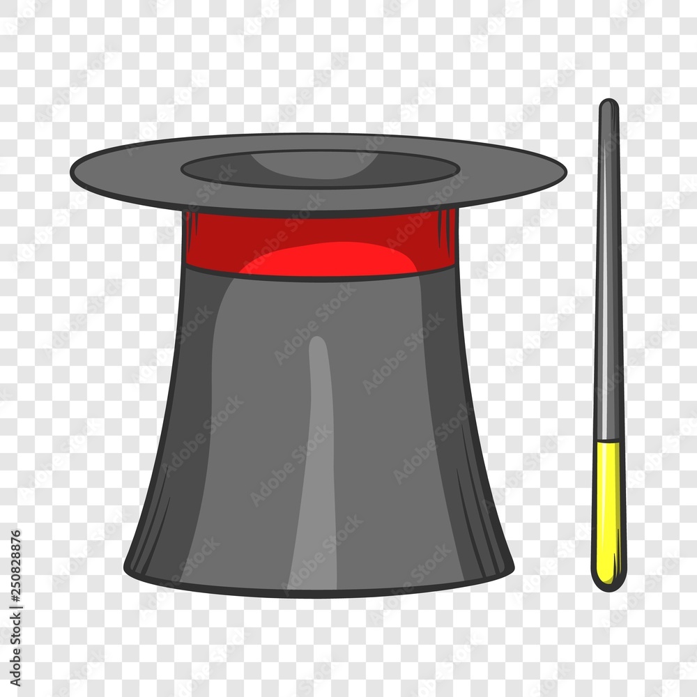 Poster magic hat and wand icon in cartoon style on a background for any web design