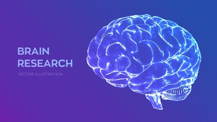 Brain. Human brain research. 3D Science and Technology concept. Neural network. IQ testing, artificial intelligence virtual emulation science technology. Brainstorm think idea. Vector illustration.