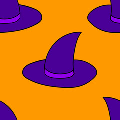 Seamless pattern with cartoon doodle linear witch hat. Halloween background. Vector illustration.  