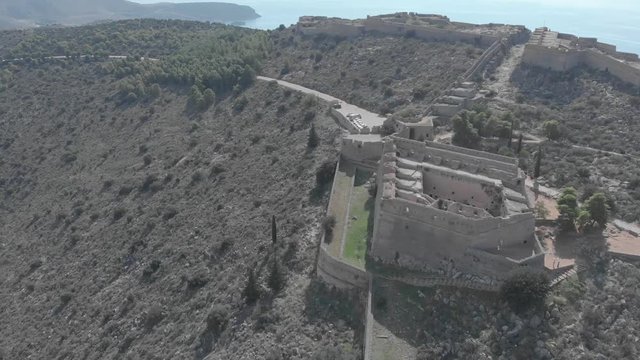 Panning from left to right and clockwise from the side of the Palamidi Castle in Nafplio Greece. Showing the sea in the background and part of the city in the end. Sunny day. Flat profile but also ava
