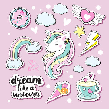 Fashion patch with beautiful unicorn and girl items collection on a pink background