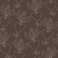 Heart shaped cute hand drawn kawai radisch plant, vector seamless pattern. White line art pattern elements on dark background. 