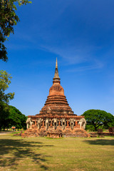 Fototapeta na wymiar Wat Chang lom which has old-style pagoda with elephant statues around sukhothai historical park in Thailand., Tourism, World Heritage Site, Civilization,UNESCO