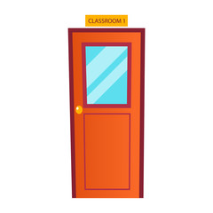 Classroom Door Vector. Classic School Entrance. Wooden With Glass Window. Isolated Flat Cartoon Illustration
