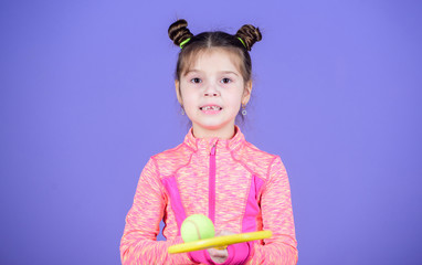 Come to watch me play. Sport training for kids. Cute tennis player. Little girl child in sport club. Sport and leisure. Tennis is my favorite sport