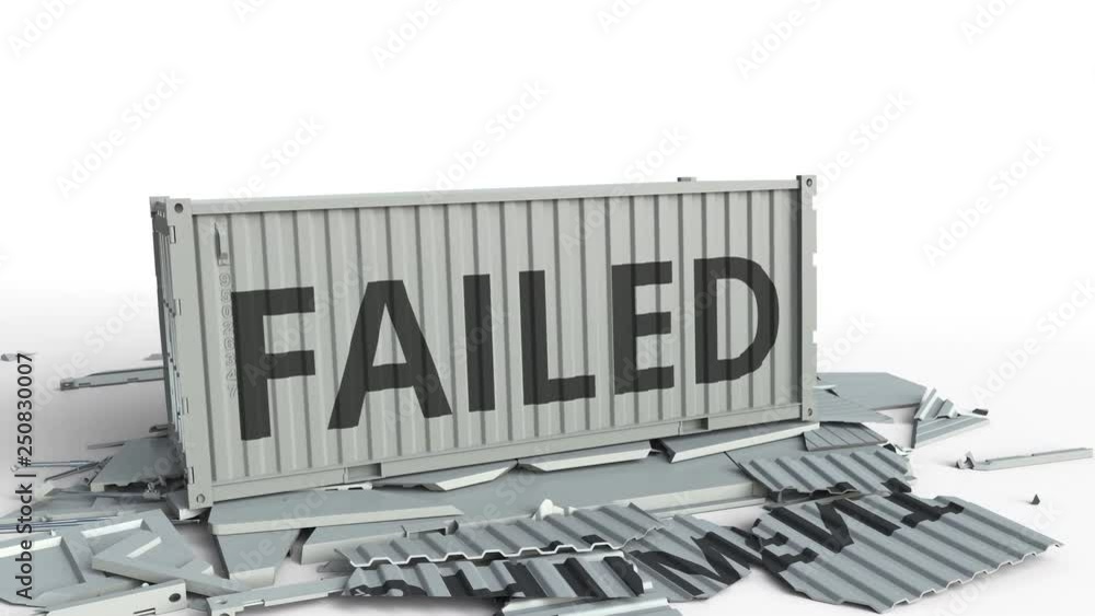 Poster container with shipment text being broken by cargo container with failed inscription. conceptual 3d 
