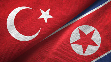 Turkey and North Korea two flags textile cloth, fabric texture
