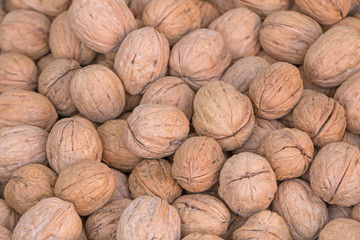 close up of heap of walnuts on market