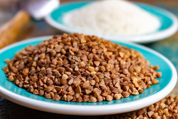 Healthy diet superfood buckwheat groats and flour used for making delicious pasta, noodles, pancaces and kasha in many countries.