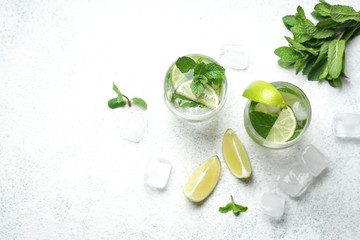 Mojito cocktail with mint and lime on a light background Copy space top view.