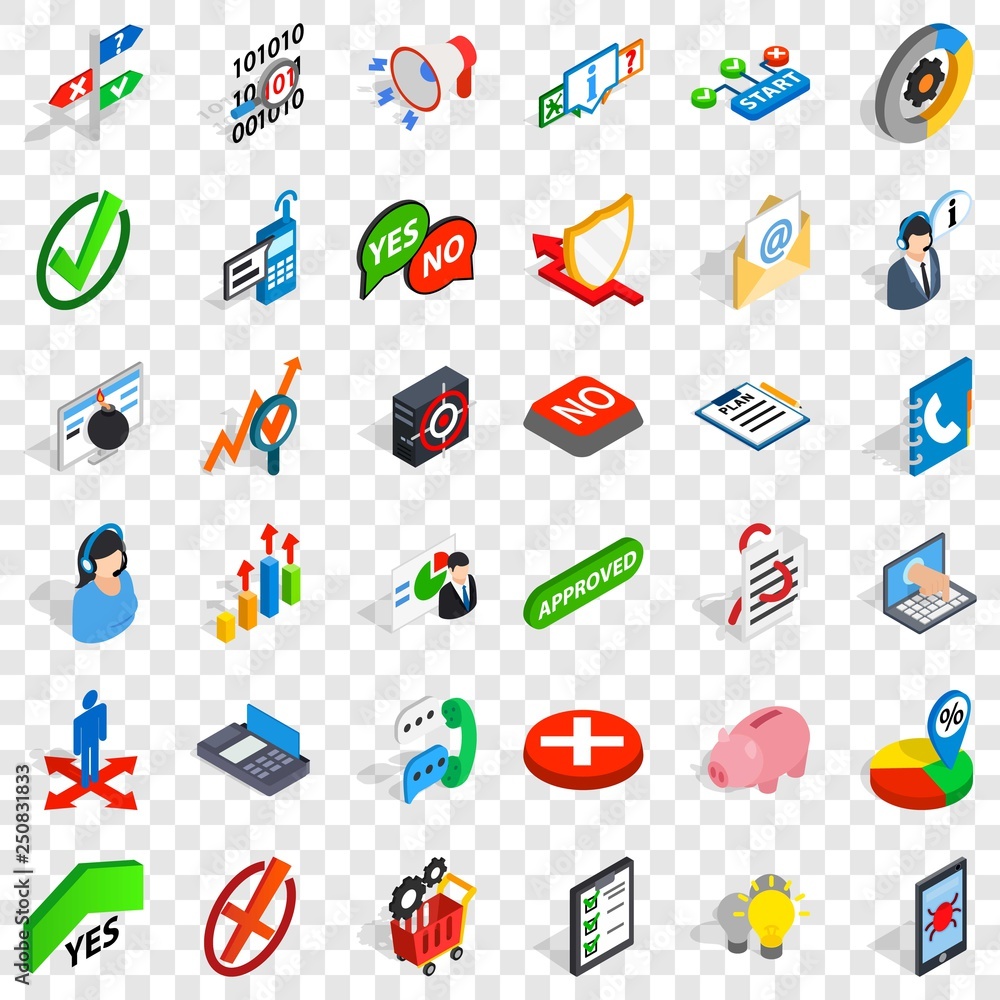 Poster statistics icons set. isometric style of 36 statistics vector icons for web for any design