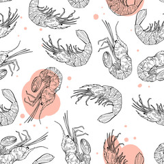 Seamless pattern of hand drawn shrimps, vector