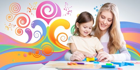 Fototapeta premium Happy Mother and daughter drawing