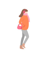 Going woman in warm down-jacket with pink scarf and handbag, wearing earmuffs. Side view of girl, vector illustration in flat style isolated on white