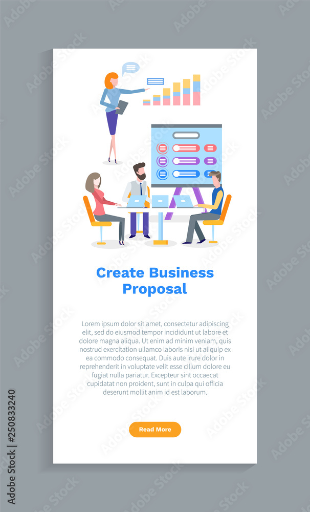 Poster create business proposal, teamwork in office with computer, man and woman working with laptop. worke