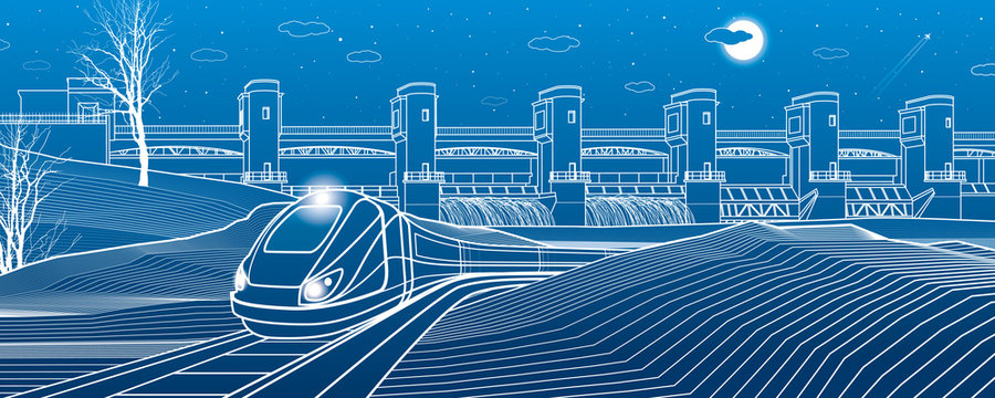 Urban life. Train goes along the lake bank. Hydro power plant at background. River Dam, energy station, water power. Vector design art