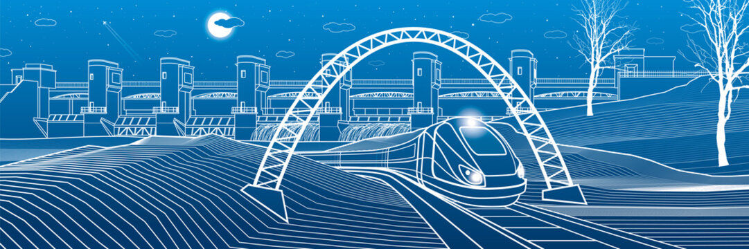 Urban life. Train goes along the lake bank. Hydro power plant at background. River Dam, energy station, water power. Vector design art