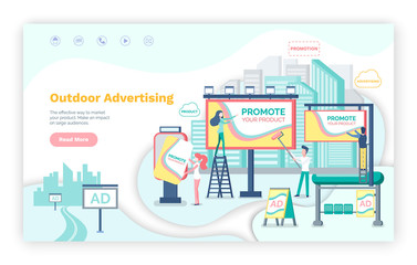 Outdoor advertising vector, billboard announcements. Website or webpage template, landing page flat style, business marketing on boards cityscape